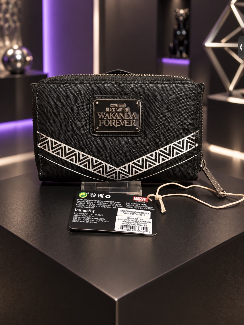 Loungefly Black Wakanda Forever Zip Card Wallet with Silver Geometric Accents